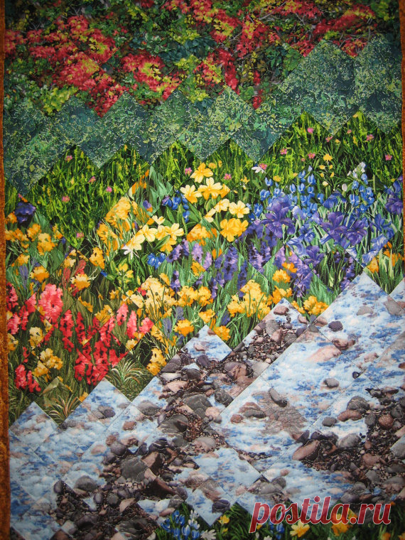 Art Quilt Mountain Stream Summer Flowers Fabric от TahoeQuilts