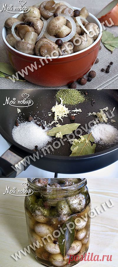 Маринованные шампиньоны - кулинарный рецепт.
Ингредиенты

Шампиньоны свежие-500г.(опята или вешенки).
Чеснок-2-3 зубчика.
Соль-1ч.л.
Сахар-2ч.л.
Растительное масло-120мл.
Уксус яблочный 5%-80мл.

Кроме того: Черный перец горошком 9-10шт. Перец душистый-5-6шт. Лавровый лист-2-3шт. Гвоздика-3-4 шт. Сухой укроп-1ч.л.
