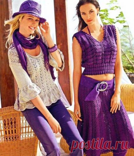 ТОП И ЮБКА С АЖУРНЫМИ ПОЛОСАМИ.ПУЛОВЕР С КАЙМОЙ ИЗ РЮШЕЙ