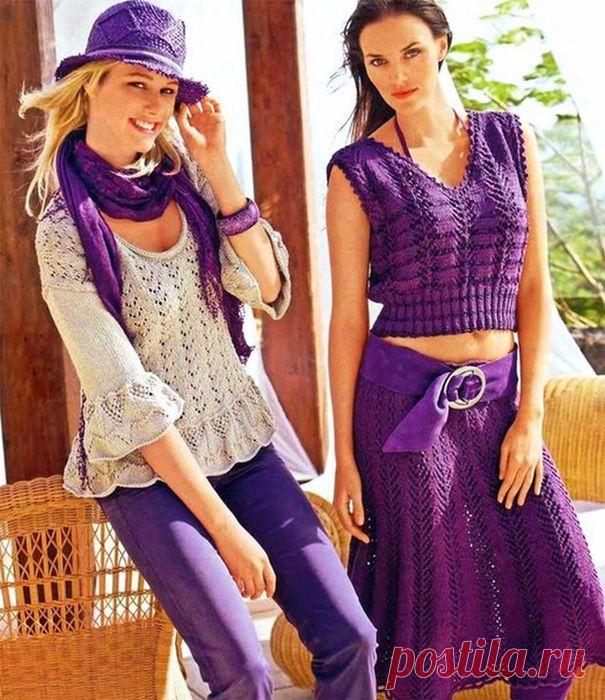 ТОП И ЮБКА С АЖУРНЫМИ ПОЛОСАМИ.ПУЛОВЕР С КАЙМОЙ ИЗ РЮШЕЙ