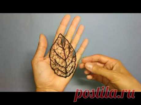 DIY hand air embroidery, thread lace leaf. Unusual handicraft, tutorial on how to make air leaves