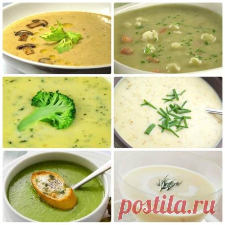 Топ-6 вкусных и некалорийных супов-пюре 
Должны быть в рационе каждого, кто следит за своим питанием! 
Сохрани себе на стену!  
1. Суп-пюре с грибами 
на 100грамм - 64.43 ккалБ/Ж/У - 3.19/3.13/6.66 
Ингредиенты: 
Шампиньоны 800 г 
Картофель 4 штуки 
Лук репчатый 1 штука 
Морковь 1 штука 
Сливки 20%-ные 3 столовые ложки 
Масло оливковое 3 ст л 
Соль, перец черный молотый по вкусу 
Перец черный горошком по вкусу 
Лавровый лист по вкусу 
Приготовление: 
1. Картофель с грибами...