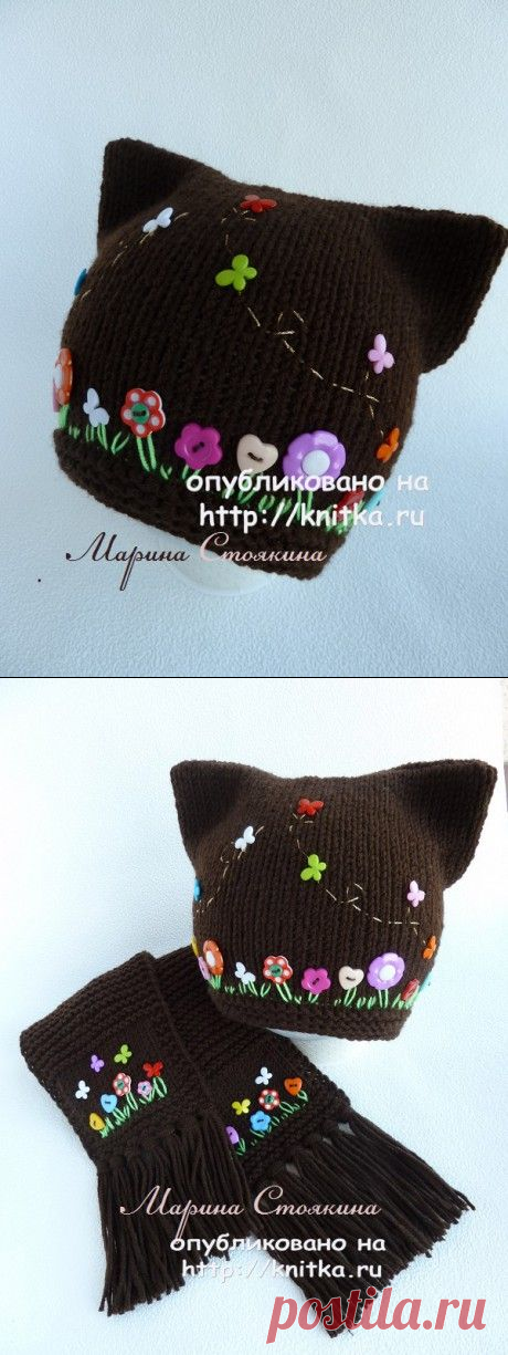 Шапочка с ушками и шарф спицами для девочки, Вязание для детей