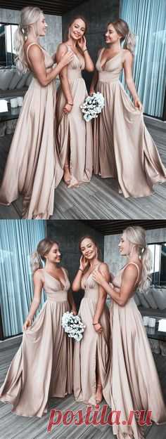 simple champagne long bridesmaid dresses,chic wedding party dress for guest, deep v neck bridesmaid dress #wedding