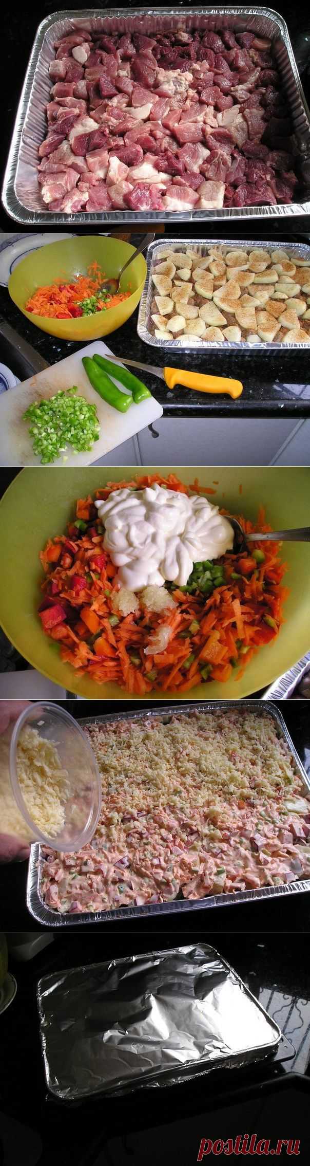 Мясо,запеченное с консервированными грибами