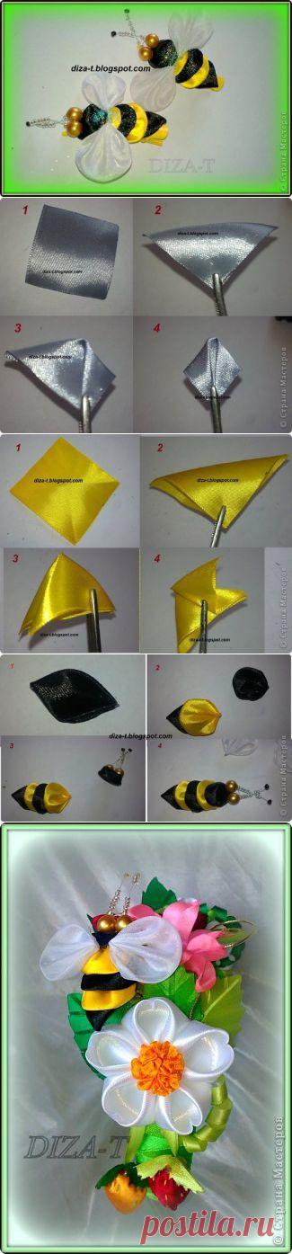 Заколочка пчелка канзаши из лент от DIZA-T