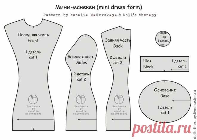 Порядок работы:

Распечатайте выкройку на бумаге формата А4 без полей. Детали выкройки даны без припусков на швы. Обратите внимание на направление долевой нити! Нет, можно, конечно, располагать детали традиционно, но тогда манекены получатся более «широкими в кости» :)