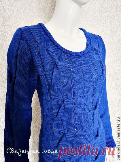 Вязаное платье " Перекруты" - синий,однотонный,платье с косами,платье