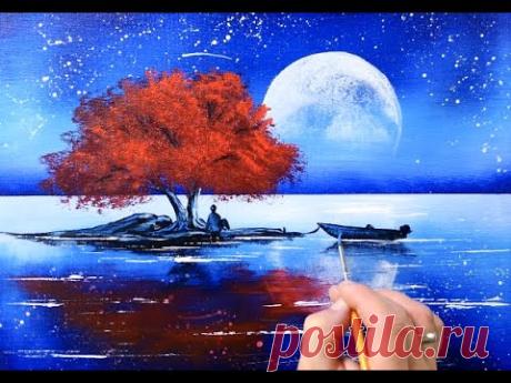 Red Tree at Full Moon | Landscape Painting | Easy for Beginners | Abstract
