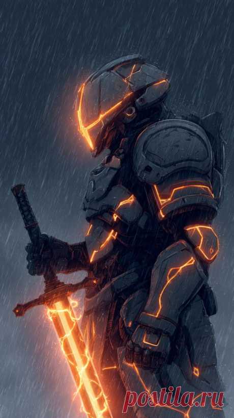 Воин в обсидиановой броне под бурей. Картинка из нейросети Midjourney - Midjourney примеры промтов - Форум ИИ о нейросетях - Yes Ai