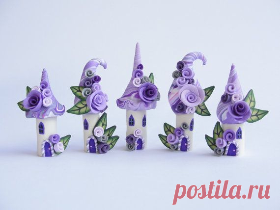 Fairy house polymer clay village miniature in lilac and purple colours ...