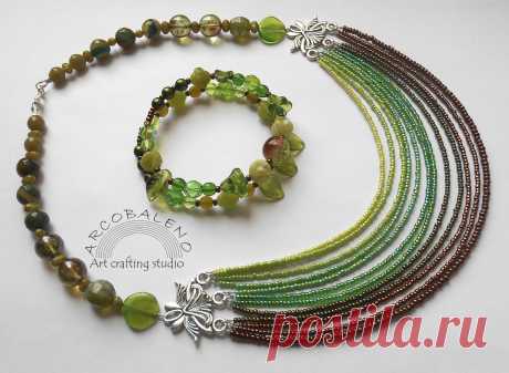 Комплект. Японский бисер Matsuno, Чешский бисер, Чешское стекло, Агат.🌳💚