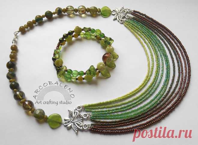 Комплект. Японский бисер Matsuno, Чешский бисер, Чешское стекло, Агат.🌳💚