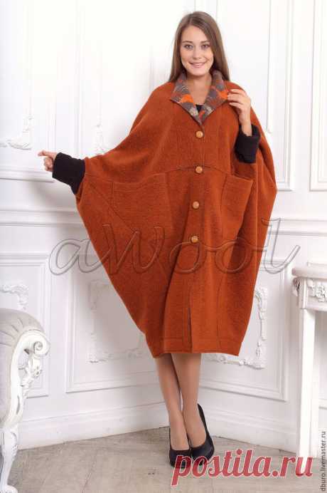 Купить Пальто-ромб терракот из итальянской валяной шерсти - рыжий, однотонный, пальто, валяное пальто