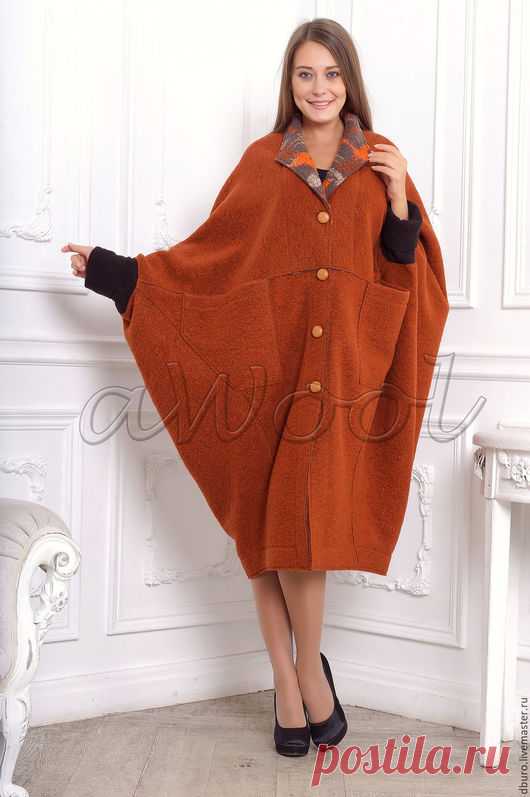 Купить Пальто-ромб терракот из итальянской валяной шерсти - рыжий, однотонный, пальто, валяное пальто