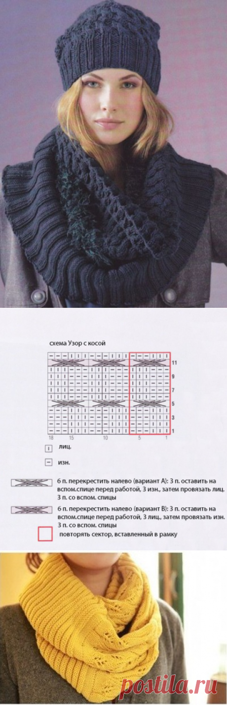 Бесконечный шарф  узором с косой. Комплект шапочка и шарф спицами. | Лаборатория домашнего хозяйства