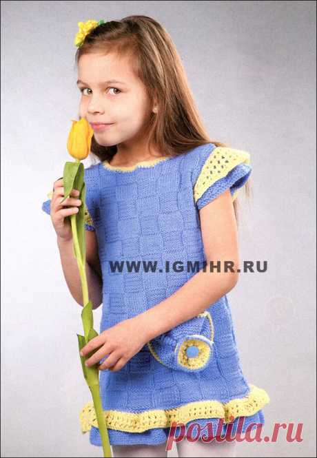 Платье с оборками и "крылышками" для девочки 5-6 лет. Спицы