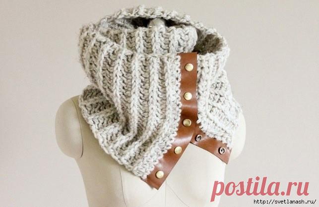 Шарф-снуд с отделкой эко-кожей и кнопками: мастер-класс