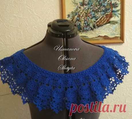 Синий топ с кокеткой. Приветствую всех! Топ связан в подарок подруге, из 100% мерсеризованного хлопка Daisy марки VITA, в 50гр -295м, крючок 1.75.Вязание топа начинала сверху, с полоски ленточного кружева, затем сомкнула вкруг и начала вязать ажурную кокетку.