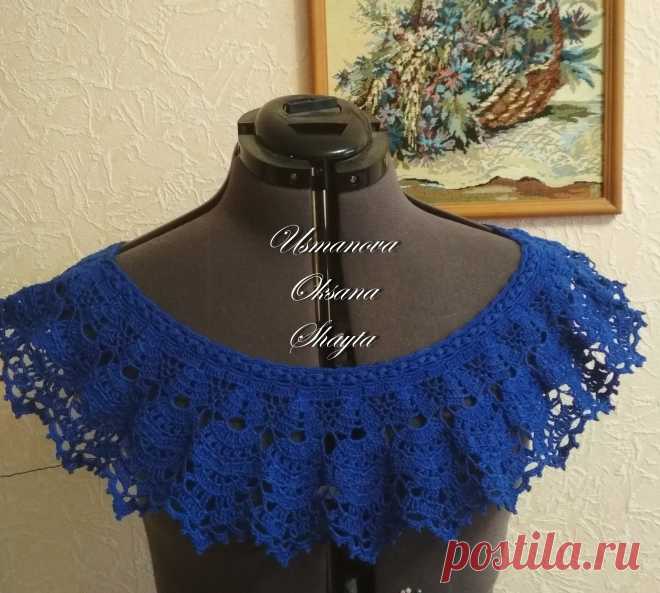 Синий топ с кокеткой. Приветствую всех! Топ связан в подарок подруге, из 100% мерсеризованного хлопка Daisy марки VITA, в 50гр -295м, крючок 1.75.Вязание топа начинала сверху, с полоски ленточного кружева, затем сомкнула вкруг и начала вязать ажурную кокетку.