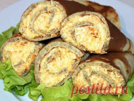 Блинчики из печени с пикантной начинкой. Прекрасная закуска!