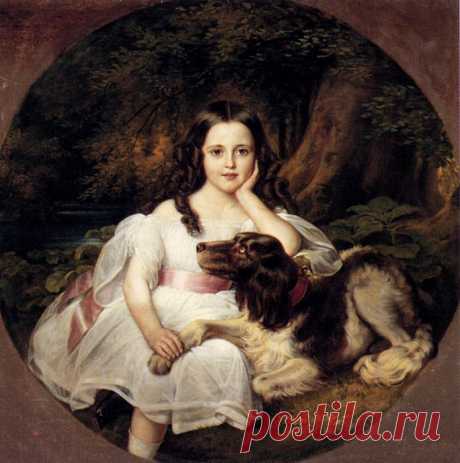 Kaulbach Friedrich August Von A Young Girl Resting In A Landscape With Her Dog (картина) — Немецкие художники