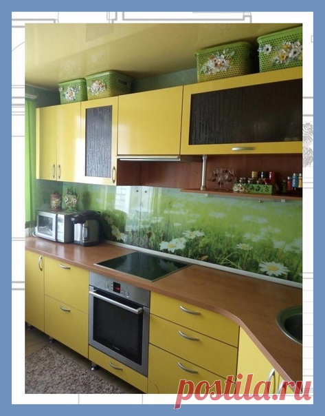 Все о дизайне интерьера Кто-то любит монохром (черный, белый, серый), а я люблю ромашки. Делимся нашей кухней. Великолепное сочетание цветовой гаммы и не навязчивого рисунка фартука.