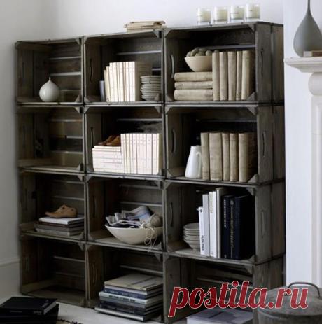 Деревянные ящики в роли стеллажей и полок | Handmadeidea