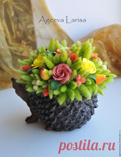 Купить ЕЖИК интерьерная композиция полимерная глина лагурус - ярко-зелёный, розовый, желтый, оранжевый