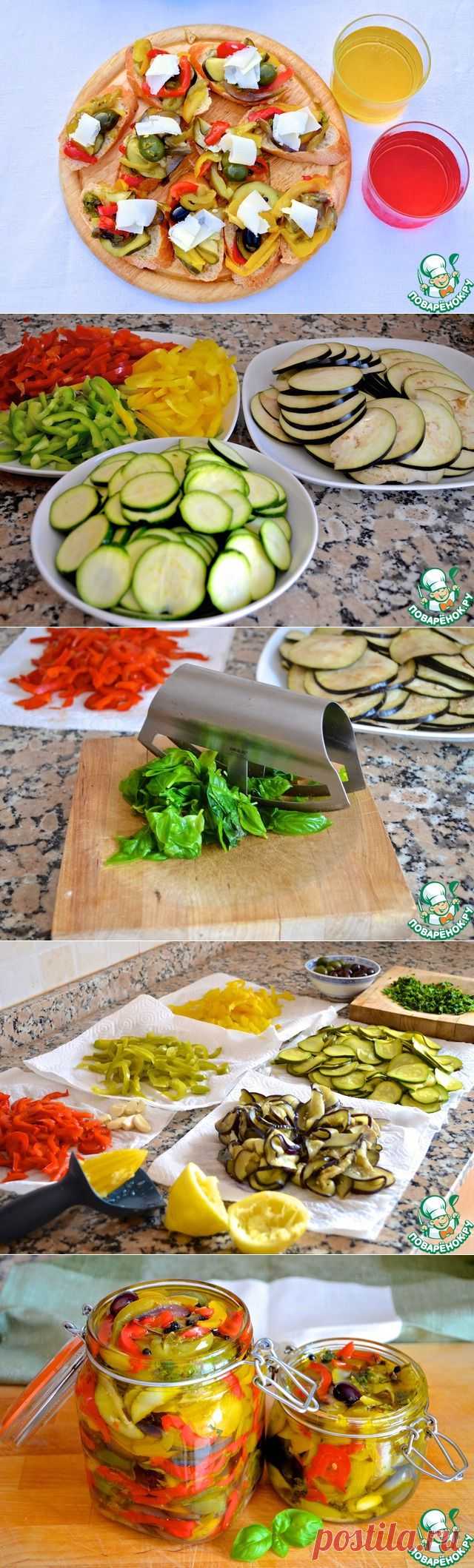 Маринованные летние овощи с лимоном и базиликом.