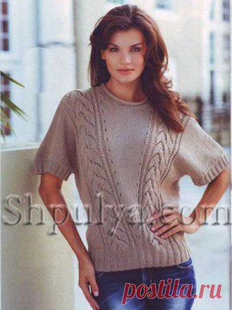 Бежевый пуловер с коротким рукавом, вязаный спицами — Шпуля - сайт о вязании