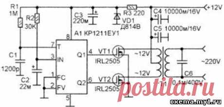 Простой преобразователь 12/220 повышенной мощности на КР1211ЕУ1 - Преобразователи напряжения (инверторы) - Источники питания - [Каталог статей]