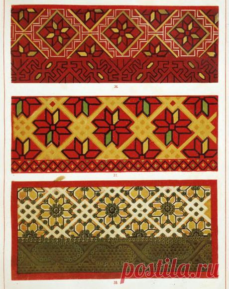 Русские народные орнаменты. Шитьё, ткани, кружева. 1871год. |
