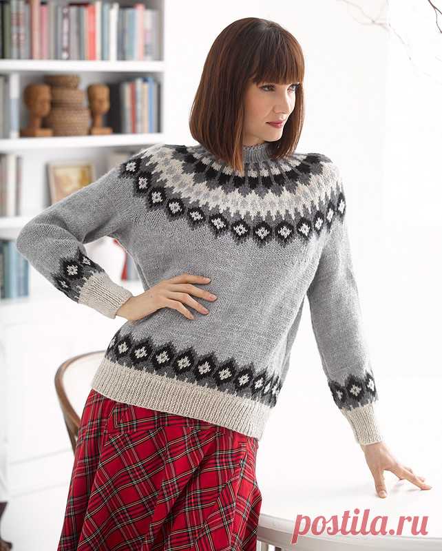 Женский свитер с круглой жаккардовой кокеткой ASPEN SWEATER | vjazem.ru