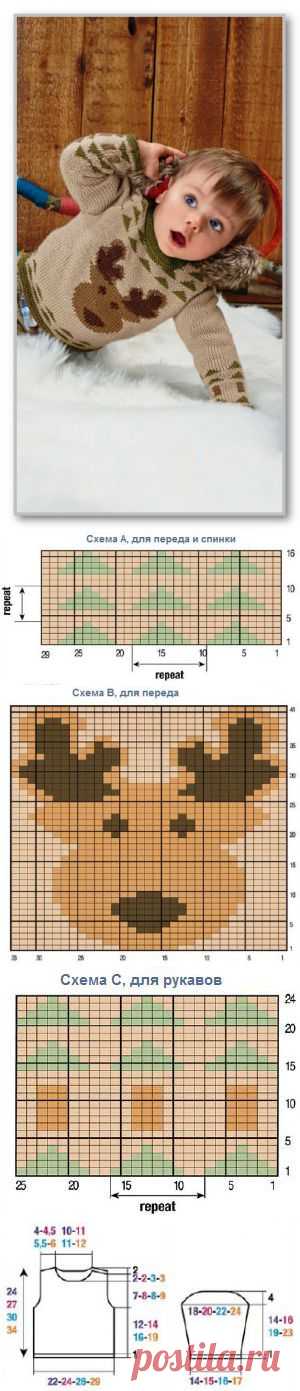 Вязание спицами детям. Пуловер с жаккардовой мордочкой Лося, для мальчика. Размеры: на 3,6 мес., 1, 2 года