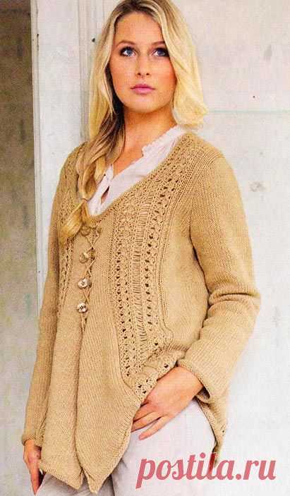 Бежевый пуловер с ажурными полосами. Модели для женщин