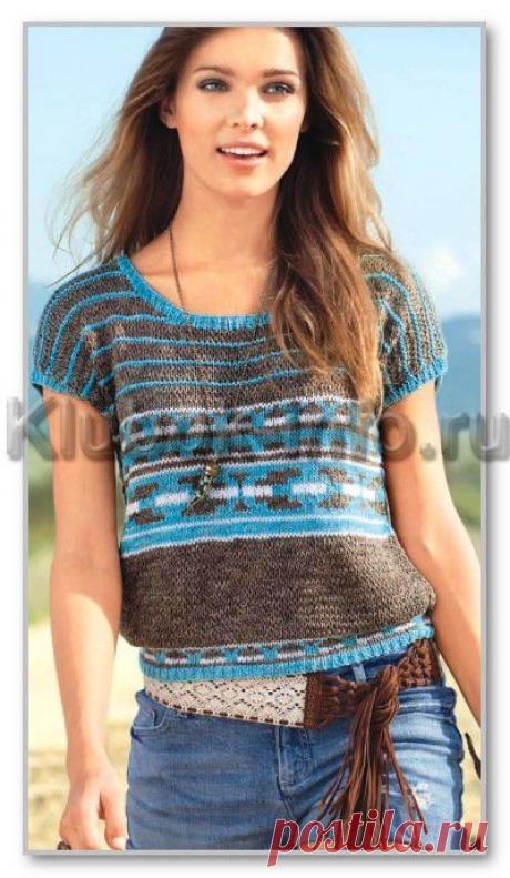 Вязание спицами. Женские модели. Короткий летний джемпер с жаккардовыми узорами. Размеры: 36/38 (40/42)