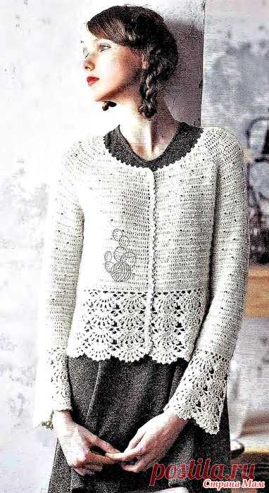 Жакет реглан плотным и веерным узорами. Крючок. 80159_LKS__knit_japan