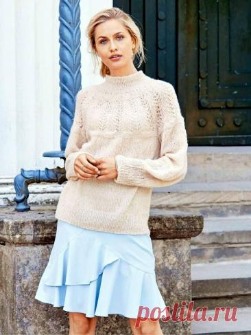 Пост на стене Кремовый свитер с ажурной кокеткой и воротником-стойка ♥Европейские размеры: 34/36 (38/40) 42/44.  Российские размеры: 40/42 (44/46) 48/50.  Для вязания нам потребуется 150 (150) 175 г кремовой (цвет № 7) пряжи LANA GROSSA "Cashmere Garzato": 48% кашемир, 34% хлопок, 18% натуральная шерсть; 170 м/25 г. Спицы № 4 или 4,5. А также круговые спицы № 4 или 4,5.  УЗОРЫ ♥  Резинка. Нечетное число петель. Лицевые ряды: ...
