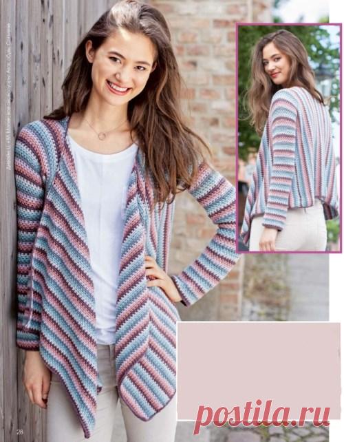 Полосатый жакет крючком | Все Вязание Вязаный полосатый жакет крючком. Вся модель вяжется единым полотном от рукава к рукаву — вот рецепт полосатого жакета из мягкой хлопковой пряжи с кашемиром. Для простого структурного узора достаточно уметь вязать воздушные петли и столбики без накида.