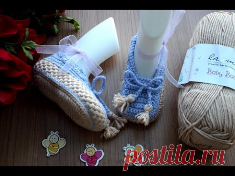 Hasır modelli ve püskül süslemeli bebek patiği // Kolay bebek patikleri