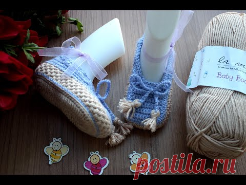 Hasır modelli ve püskül süslemeli bebek patiği // Kolay bebek patikleri