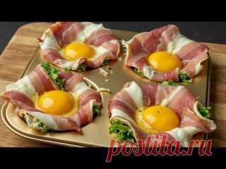 Завтрак с беконом за 10 минут, Этот рецепт стал ВИРУСНЫМ 4 яйца1 упаковка беконаСырЛистья салатаУкропСоль, перец по вкусу