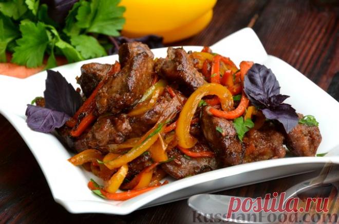 Рецепт: Жареная куриная печень с овощами, мёдом и соевым соусом на RussianFood.com