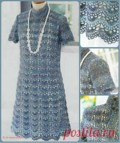 Ажурное платье с узором веерочки (крючок).