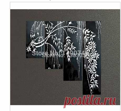 canvas wall painting Picture - More Detailed Picture about Hand Painted Black And White Abstract Painting Branch Tree Flower 4 Piece Canvas(no framed) Picture in Painting &amp; Calligraphy from 5 stars wholesale shop | Aliexpress.com | Alibaba Group