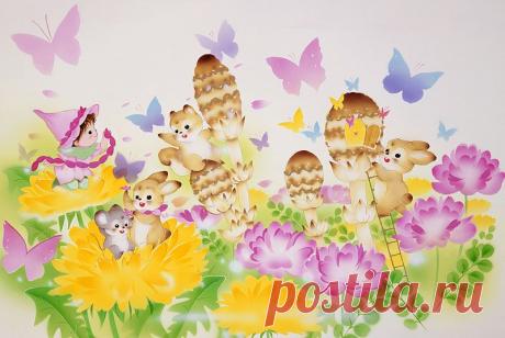 動物イラスト　たんぽぽ、ツクシと戯れる妖精と動物