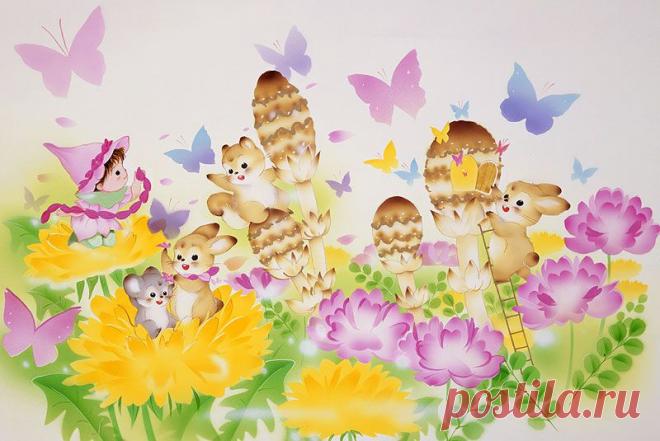 動物イラスト　たんぽぽ、ツクシと戯れる妖精と動物