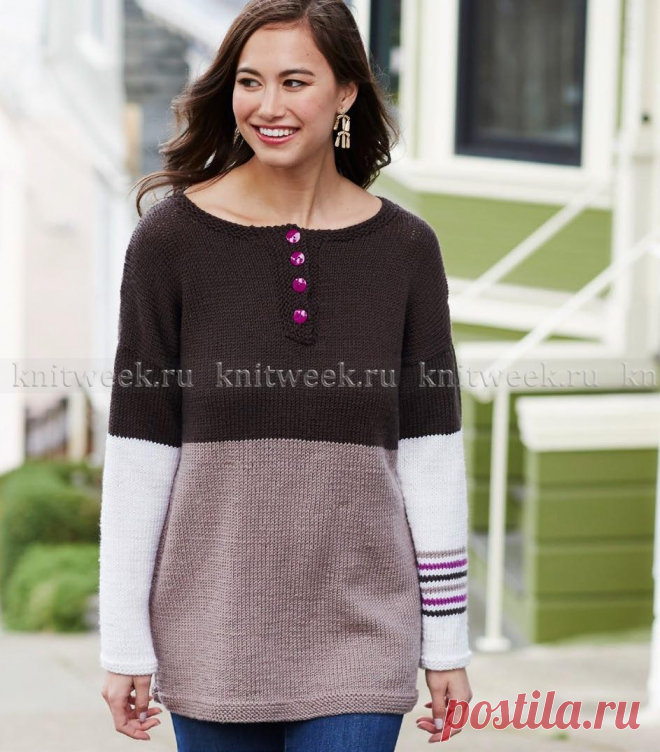 Новинка Knitweek.ru. Пуловер Хенли-Этта. Свитер выполнен чулочной вязкой из пряжи различных цветов, удлиненный