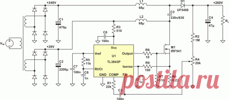 Два варианта преобразователя SEPIC - TL3843P.
Рисунок 3 демонстрирует схему проверенной работоспособной конструкции с напряжением вольтодобавки, создаваемым верхней вторичной обмоткой трансформатора. Преимущество этого преобразователя, в отличие от других аналогичных решений, состоит в том, что напряжение вольтодобавки и регулируемое напряжение имеют общую землю.